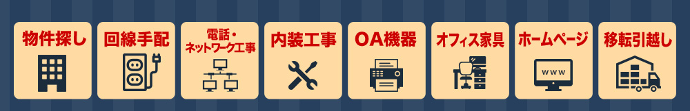 物件探し 回線手配 電話・ネットワーク工事 内装工事 OA機器 オフィス家具 ホームページ 移転引越し