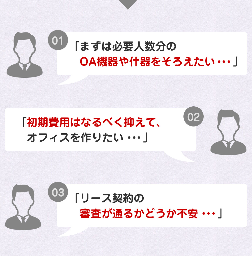 「まずは必要人数分のOA機器や什器をそろえたい・・・」「初期費用はなるべく抑えて、
   オフィスを作りたい・・・」「リース契約の審査が通るかどうか不安・・・」