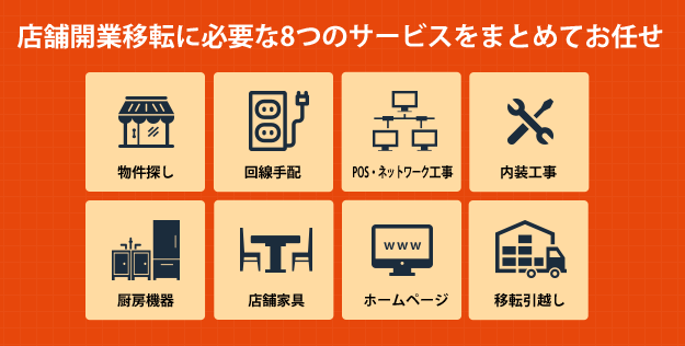 店舗開業移転に必要な8つのサービスをまとめてお任せ